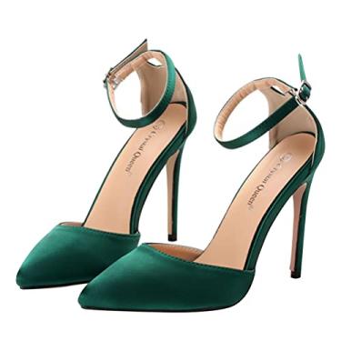 Imagem de Happyyami Sapato feminino de bico fechado com tira no tornozelo, bico fino, salto stiletto moderno, Verde, 7.5