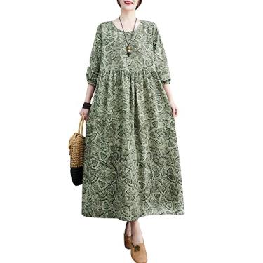 Imagem de SAGNUS Vestido feminino solto com bolsos mangas compridas estampado vintage casual vestido de férias