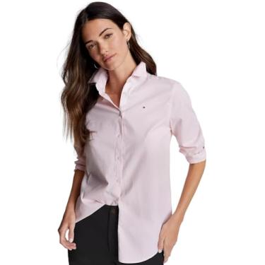 Imagem de Tommy Hilfiger Camisa feminina lisa com colarinho de botão e mangas ajustáveis, (Coleção 2024) Listrado Rosa Precioso/Branco Brilhante., GG