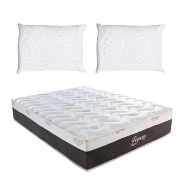 Imagem de Colchão Casal Pegasus Molas Ensacadas (30x138x188) Branco e Cinza com 2 Travesseiros Guldi Soft Nasa Branco