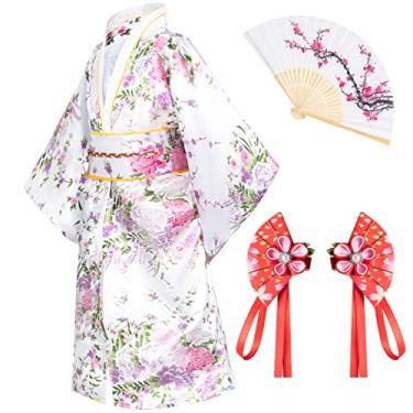Imagem de Vestido tradicional japonês quimono para fantasia infantil, Tipo 1 - branco, 6-7Years(130cm)