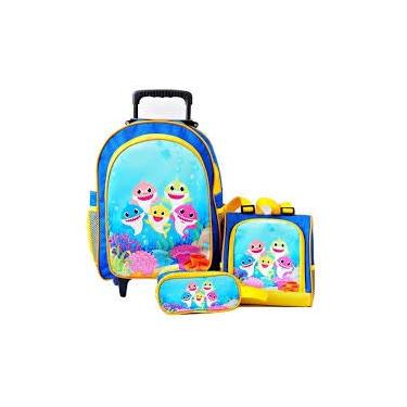 Imagem de Mochila Baby shark Azul Rodinhas Lancheira Estojo Kit