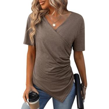 Imagem de SweatyRocks Camiseta feminina básica com bainha assimétrica, franzida, gola V, manga curta, Marrom café, M