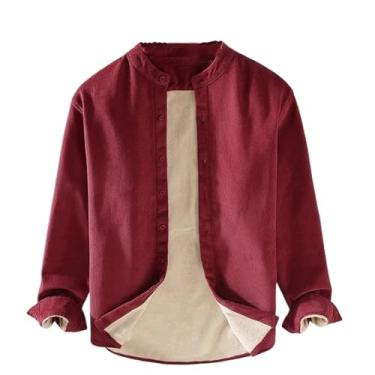 Imagem de Camisa de inverno masculina manga longa casual gola alta lisa lã grossa veludo cotelê simples tops quentes, Vinho tinto, PP