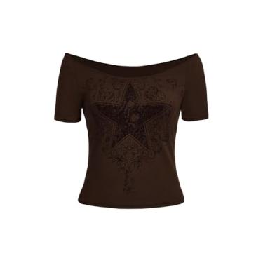 Imagem de SOLY HUX Camisetas femininas Y2k Graphic Crop Tops com estampa de estrelas, ombros de fora, manga curta, Estrela marrom, PP