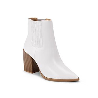 Imagem de Ricristy Bota feminina cano curto Chelsea bico fino salto empilhado moda bota Chelsea, Branco, 8