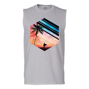Imagem de Camiseta masculina Surfer Paradise Muscle Vintage Ocean Summer Surfing Wave Vacation Sea Beach Surfboard Peddle Boarding, Cinza, M