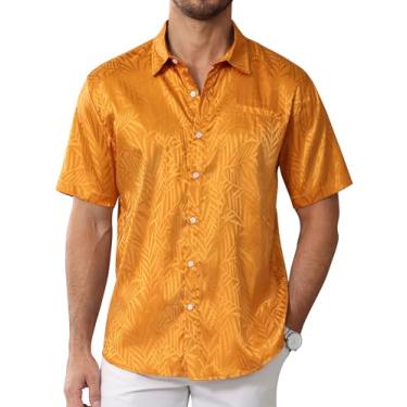 Imagem de COMYCLE Camisas masculinas de verão havaiana para homens camisas jacquard de cetim de seda casual manga curta abotoada tops de praia, Dourado, XXG