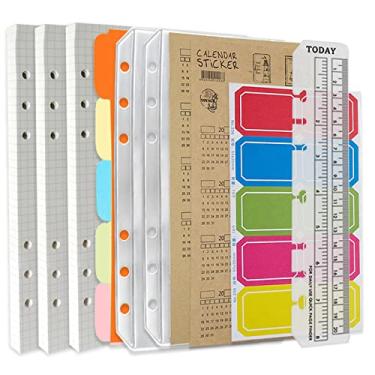 Imagem de DY.2ten Conjunto de refil de fichário A5 com 6 furos – 135 folhas (270 páginas) de papel quadriculado + 2 bolsos A5 com zíper + 5 divisórias A5 + abas de índice + índice com data + régua