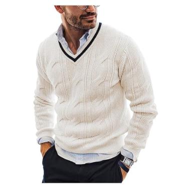 Imagem de Suéter masculino com estampa torcida fina camada base gola V pulôver tricotado camada base borda canelada tricotado, Branco, G