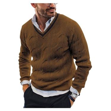 Imagem de Suéter masculino com estampa torcida fina camada base gola V pulôver tricotado camada base borda canelada tricotado, Marrom, G