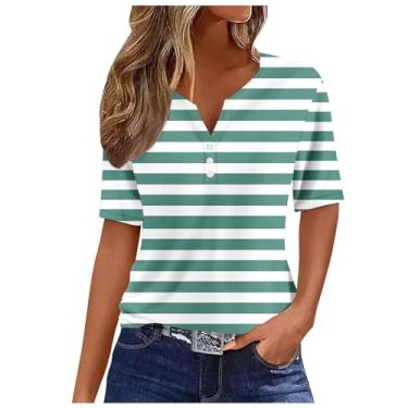 Imagem de Camiseta feminina Summer Dependence Day Henley com bandeira dos EUA, mangas curtas, casual, roupas de 4 de julho, Verde - D, P