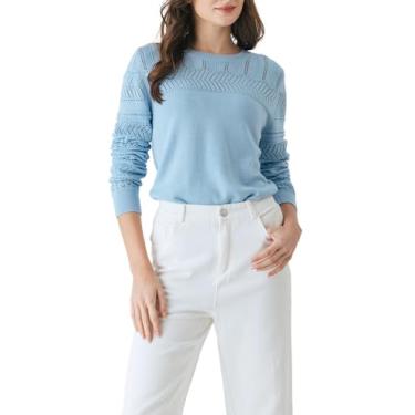 Imagem de Cable Stitch Suéter feminino leve de manga Pointelle - pulôver de renda com gola redonda de manga comprida, Azul claro, X-Small