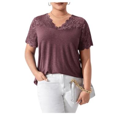 Imagem de OYOANGLE Blusa feminina plus size de renda de verão com gola V e manga curta, Marrom, GG Plus Size