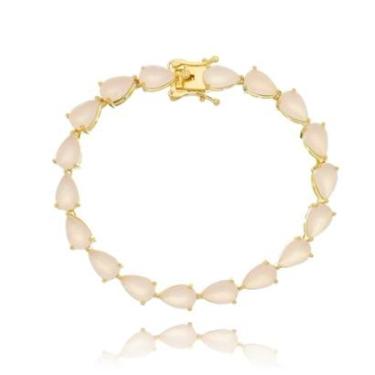 Imagem de Pulseira Riviera Gota Quartzo Rosa Leitoso Semijoia Luxo Ouro 18K-Feminino