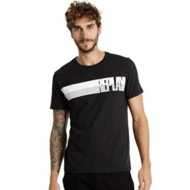 Imagem de Camiseta Replay Masculina C-Neck Brand Stripes Preta-Masculino