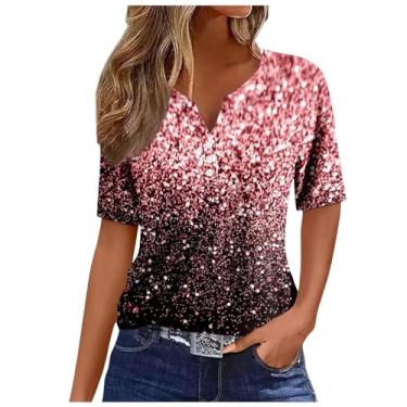 Imagem de Blusas femininas de verão 2024 da moda manga curta com estampa brilhante patchwork casual camisas com botão Henley gola V túnica blusas, Vermelho melancia, G