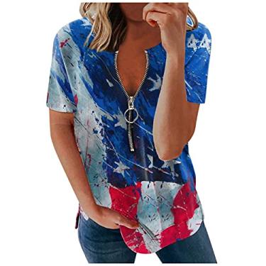 Imagem de Camisetas femininas com bandeira americana Dia da Independência Soltas Meio Zíper Manga Curta Gola Redonda 4 de Julho Memorial Day 2024, Azul marino, XXG
