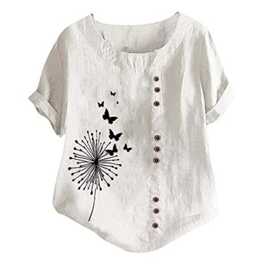 Imagem de Camiseta de verão feminina com estampa de dente-de-leão gola redonda blusas de linho caimento solto camiseta casual para sair, Branco, XXG