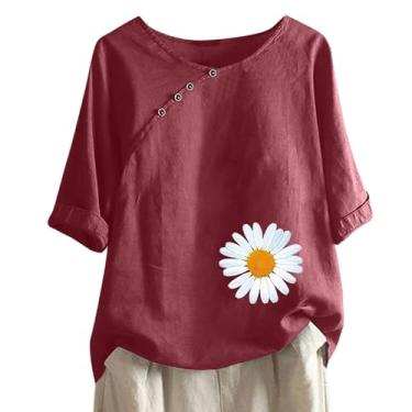 Imagem de Camisetas femininas de linho com estampa floral verão casual manga curta túnica gola redonda botão solto roupas para sair, Vermelho - D, M