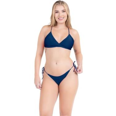 Imagem de Biquíni Feminino Moda Praia Calcinha Asa Delta Amarração Lateral Detalhe Alcinha Bolinha Decote V Efeito Aumenta Busto (BR, Alfa, G, Regular, Azul Marinho)