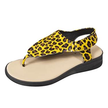 Imagem de Sandálias femininas elegantes ortopédicas femininas modernas com estampa de leopardo em couro brilhante com gancho e gancho, Amarelo, 6.5 X-Narrow