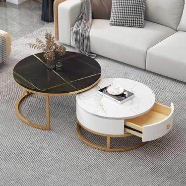 Imagem de Conjunto de 2 mesas de centro redondas modernas, mesa lateral aninhada com armazenamento de gaveta, textura de mármore ardósia, estrutura de metal, mesa de chá elegante para sala de estar e