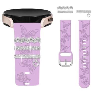 Imagem de Watbro Pulseira com gravação floral e anéis decorativos compatíveis com Samsung Galaxy Watch 6/5/4 com pingentes, pulseira esportiva de silicone macio de 20 mm para Active 2/Watch 5 Pro/Watch 4