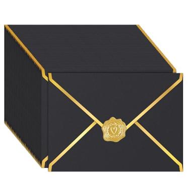 Imagem de AVERZELLA Pacote com 100 envelopes A7 5x7 para convites, envelopes pretos e dourados 250 g de espessura brilhante envelope 4x6 envelope com folha dourada V aba e selo, envelope A6 para casamento