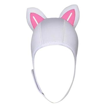 Imagem de Dynwave Orelhas de gato capuz de mergulho surf boné 3mm neoprene mergulho wetsuit capuz com cinta queixo térmico surf capuz chapéu de natação para canoa, Branco Rosa WhiteLine