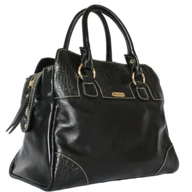 Imagem de Bolsa de couro grande feminina couro gebuino legitimo com detalhe de couro croco preta e marrom (Preta)