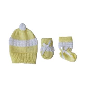 Imagem de Kit Luva Luvinha Sapatinho Touca Lã Bebê Menino e Menina Rescém Nascido Tricot Tricô 3 pçs (AMARELO)