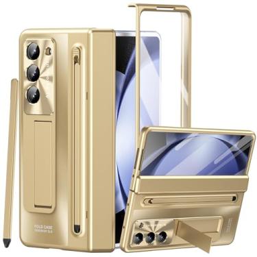 Imagem de YQODSZ Capa para Samsung Galaxy Z Fold 5 com suporte para caneta S e caneta stylus dourada, capa protetora de dobradiça Z Fold 5 com suporte embutido protetor de tela para câmera Z Fold 5 Gold