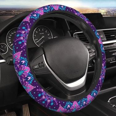 Imagem de Capa de volante de neoprene de carro roxo roxo padrão de flor mandala roxa 38 cm antiderrapante capa protetora para SUV Sedan Vans caminhões