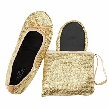 Imagem de Sapatos 18 femininos dobráveis portáteis para viagem balé sapato sem salto com estojo de transporte combinando, Gold Sequin Sh18, 5-6