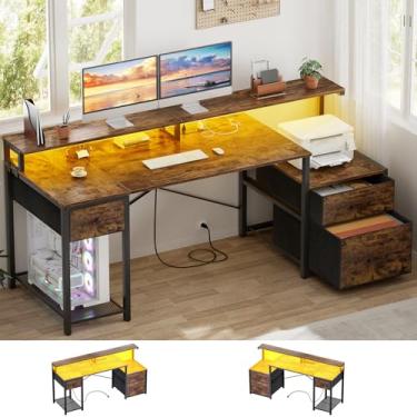 Imagem de Aheaplus Mesa de computador com 3 gavetas, mesa de escritório em casa com gaveta de arquivos e tomada, mesa de jogos de 149 cm com luzes LED, mesa de trabalho longa com armazenamento, armário de