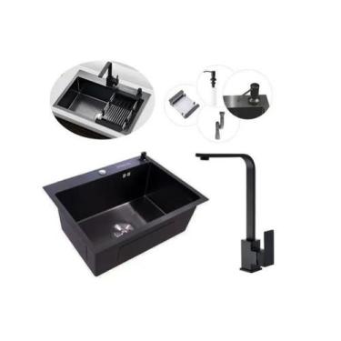 Imagem de Kit Cuba Pia Aço Inox Preta Quadrada Cozinha Torneira Slim - Brinovar