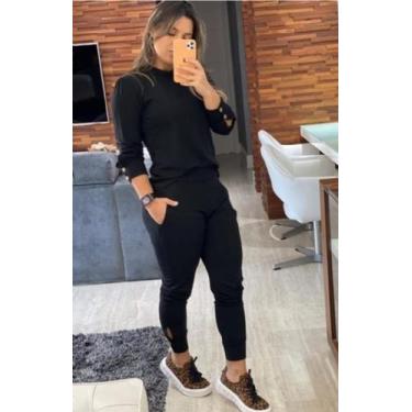 Imagem de Conjunto Feminino Moletinho Calça e Blusa com Detalhe Botão - Madame, 