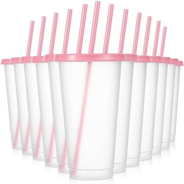 Imagem de Mifoci Copo de plástico com 12 peças com tampas e canudos, copos de plástico reutilizáveis, copo de caneca com canudo e tampa, copo gelado para beber para batido de água, festa de aniversário (rosa, 680 g)