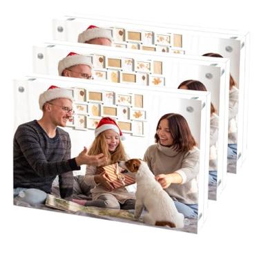 Imagem de Cherrich Porta-retrato de acrílico 12 x 18 cm, molduras de dupla face para geladeira com cantos magnéticos, moldura de acrílico transparente para mesa ou mesa, família, casamento, fotos de bebê
