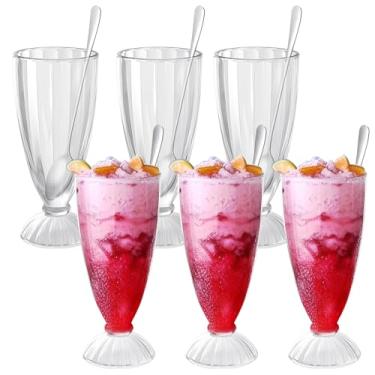Imagem de Maxcheck Conjunto de 6 copos de milk-shake de 340 g com colheres longas de metal transparentes para sorvete, copos de refrigerante, fonte, copo transparente clássico com colheres longas de aço