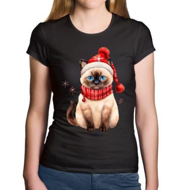 Imagem de Baby Look Algodão Gato Natalino Gorro e Cachecol - Foca na Moda, Preto