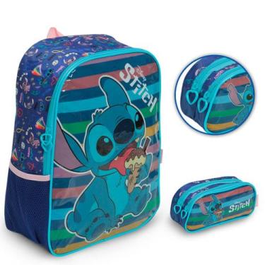 Imagem de Kit Mochila Infantil Stitch Bolsa Costas Resistente + Estojo - Plike