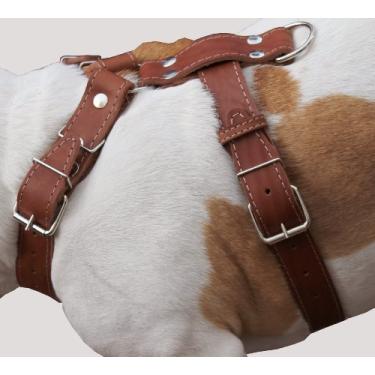 Imagem de Peitoral para cães de couro genuíno marrom, grande a GG. Peito de 89 a 99 cm, alças de 3,8 cm de largura, cana-de-cana-dane cane corso