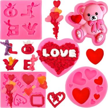 Imagem de 5 moldes de fondant para o dia dos namorados, mini coração, love angels, formato rosa, silicone, chocolate, fondant, bolo, doces, moldes de casamento, cupcake, biscoitos, molde de decoração para fazer