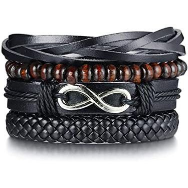 Imagem de Rockyu Pulseira masculina multienrolamento infinito, couro legítimo, contas de madeira, trançadas, étnica, moda, pulseira, acessório de festa, Contas de oração de poliuretano