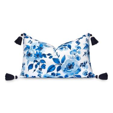 Imagem de Hofdeco Premium Capa de almofada lombar para pátio costeiro, ambientes internos e externos, 30,5 x 50,8 cm, repelente de água para quintal, sofá, azul marinho, estampa azul bebê, rosa e flor de