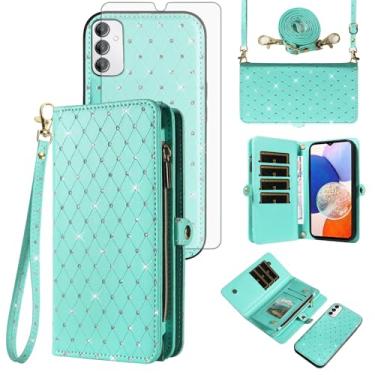 Imagem de Asuwish Capa de celular para Samsung Galaxy A14/M14 5G Carteira com zíper destacável com protetor de tela de vidro temperado, alça transversal com glitter, compartimento para cartão A 14 4G 14 A 14 M