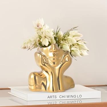Imagem de Vaso decorativo de cerâmica dourada para rosto humano – Tela de mesa de arte moderna com postura tímida, para estante, sala de estar, escritório, quarto