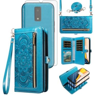 Imagem de Asuwish Capa de telefone para Tracfone BLU View 4 B135DL Carteira com zíper destacável com protetor de tela de vidro temperado, alça transversal, porta-cartões de flor, vista azul 2 2023 View4 135DL